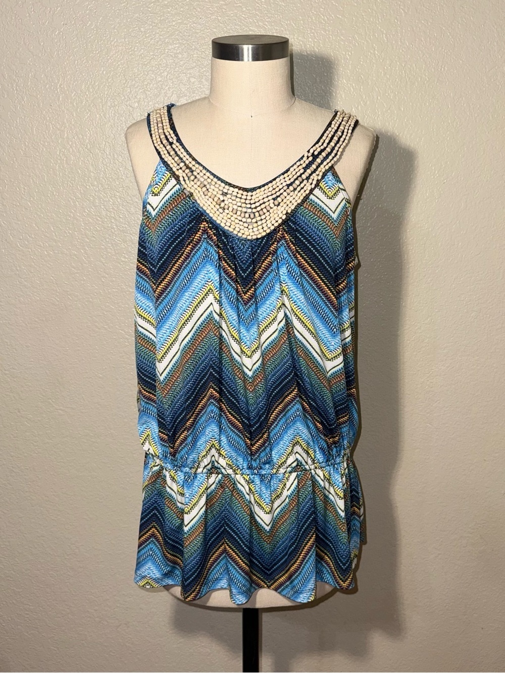 Susan Lawrence Boho Beaded Chevron Sleeveless Blouse Large Blue Coastal